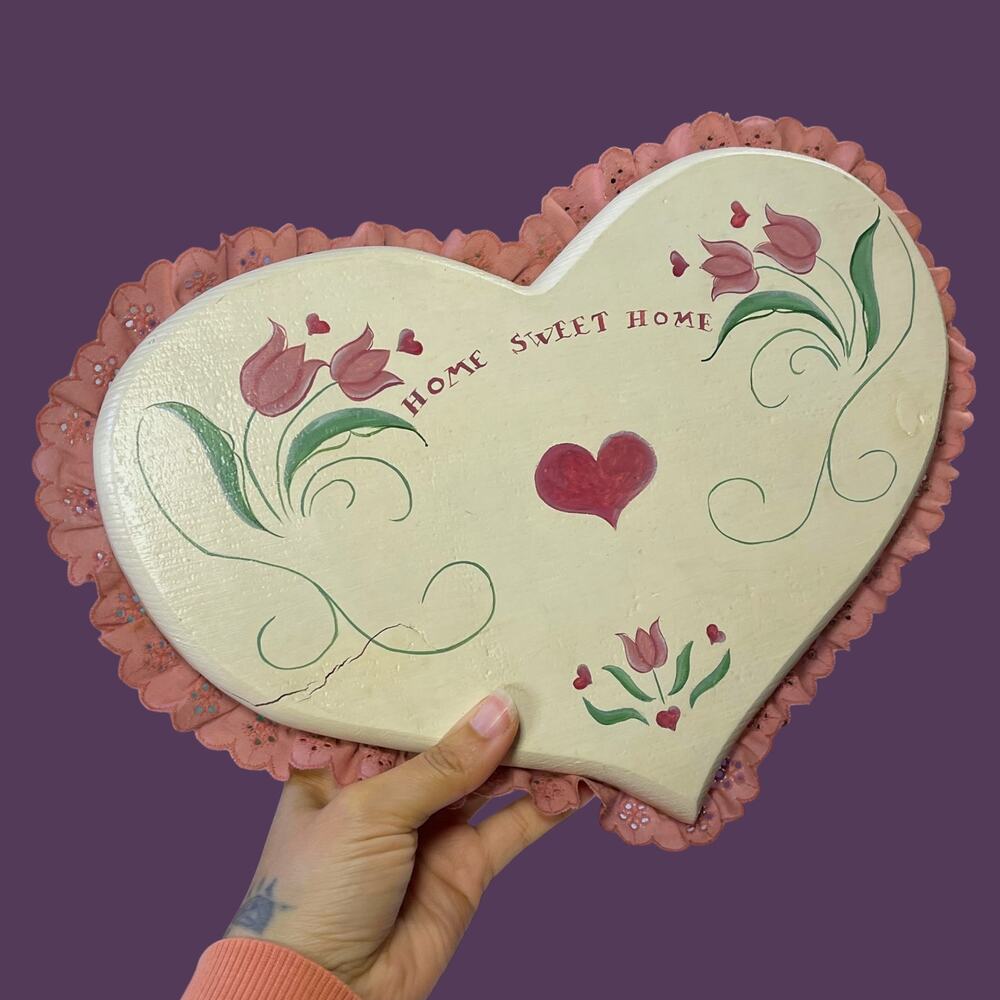 Vintage Home Sweet Home Heart Plaque Tulip Folk Art Lace Trim Wood Sign